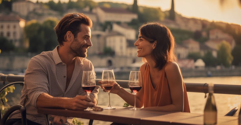 A couple drinking wine at a historical coastal town in Europe