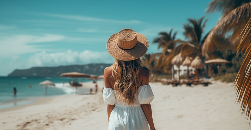 A woman walking along a famous beach destination in Thailand