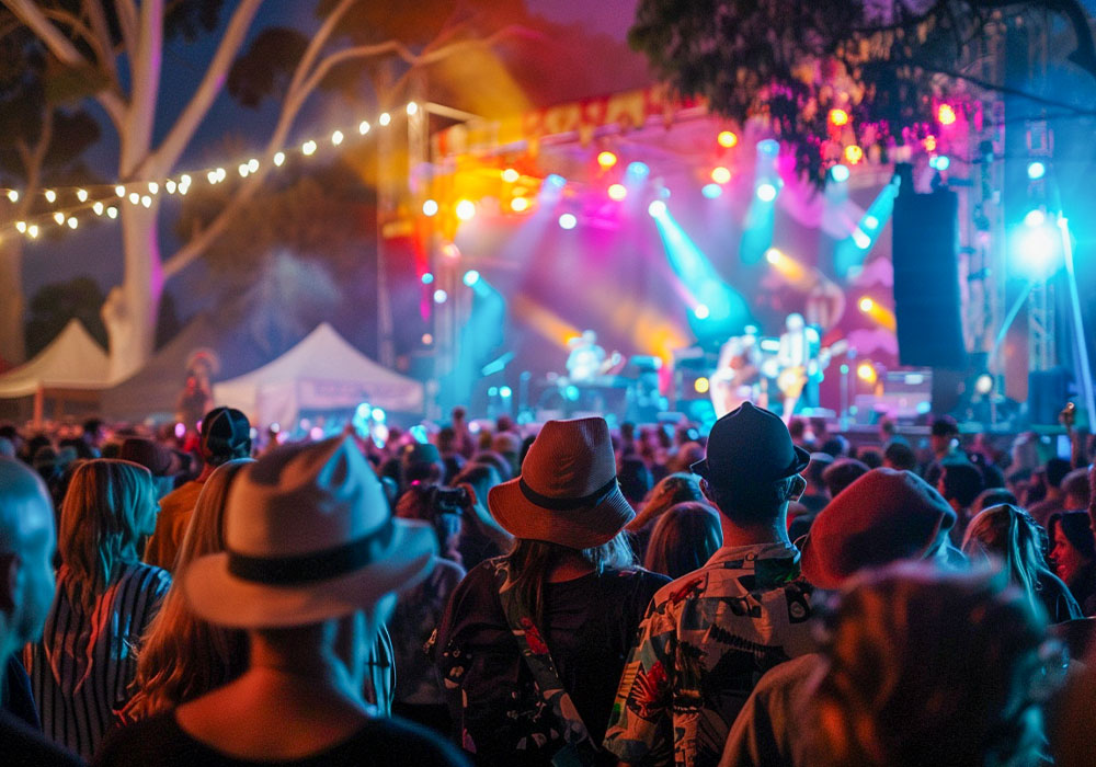 A vibrant crowd at a music festival, illuminated by colorful lights, gathered in front of a large stage
