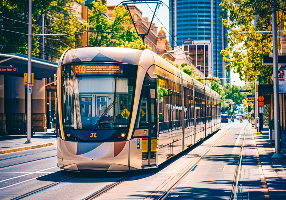 A tram drives past tall buildings lining the street