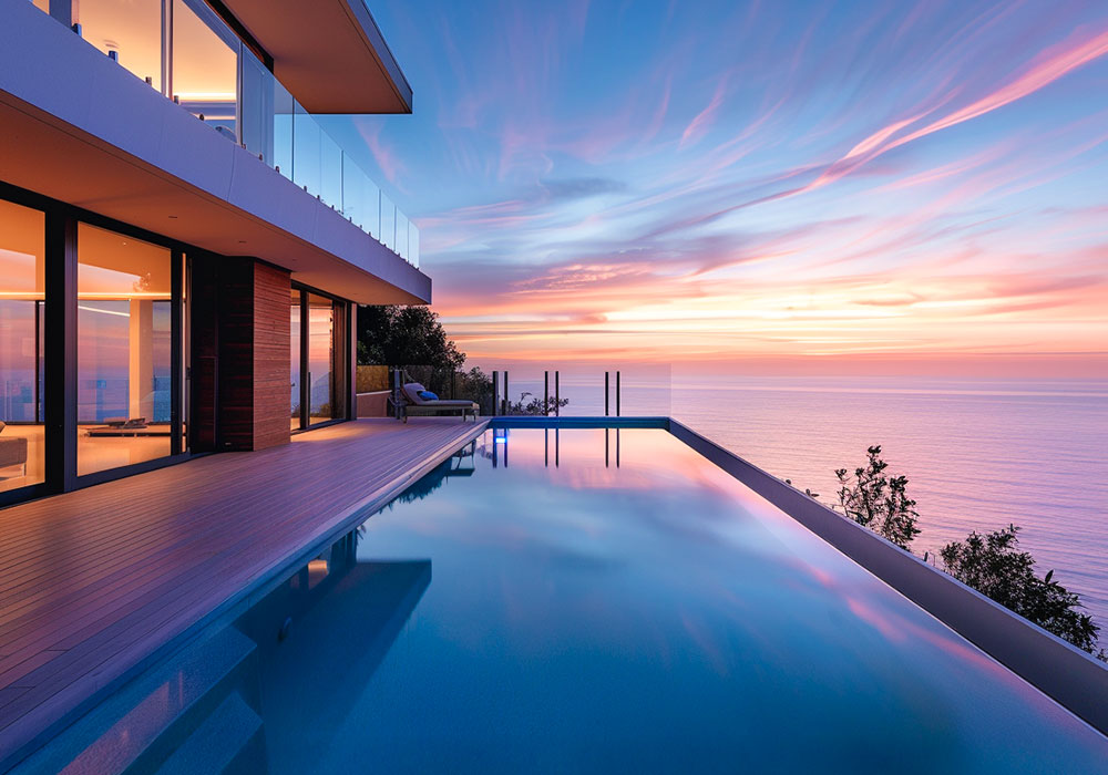 A house with a pool at sunset, overlooking the ocean, creating a serene and picturesque coastal scene