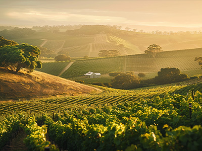 A picturesque vineyard field with rows of grapevines, highlighted by a tree in the foreground