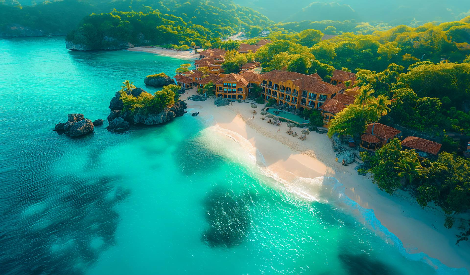 Aerial view of a tropical beach with clear blue water and a luxurious resort nestled among palm trees