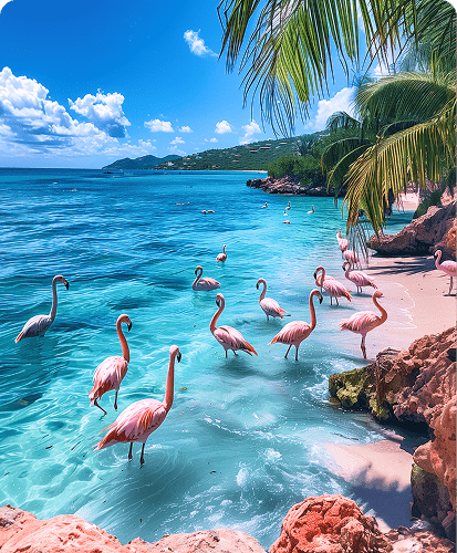 A group of flamingos standing on a sandy beach, with gentle waves lapping in the background