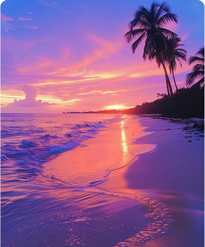 A picturesque beach lined with lush palm trees, inviting relaxation under the warm sun