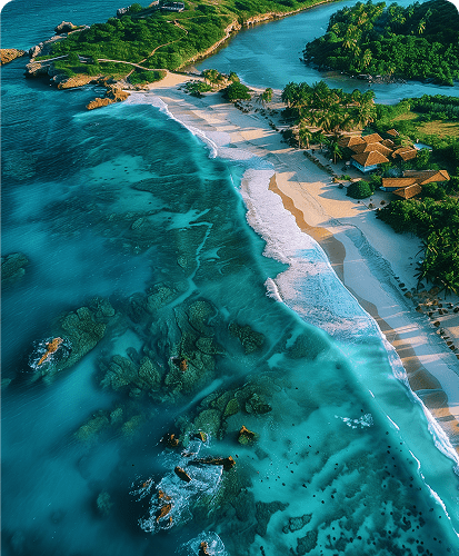 Bird's-eye view showcasing a beach and a tiny island, framed by clear blue waters and gentle waves