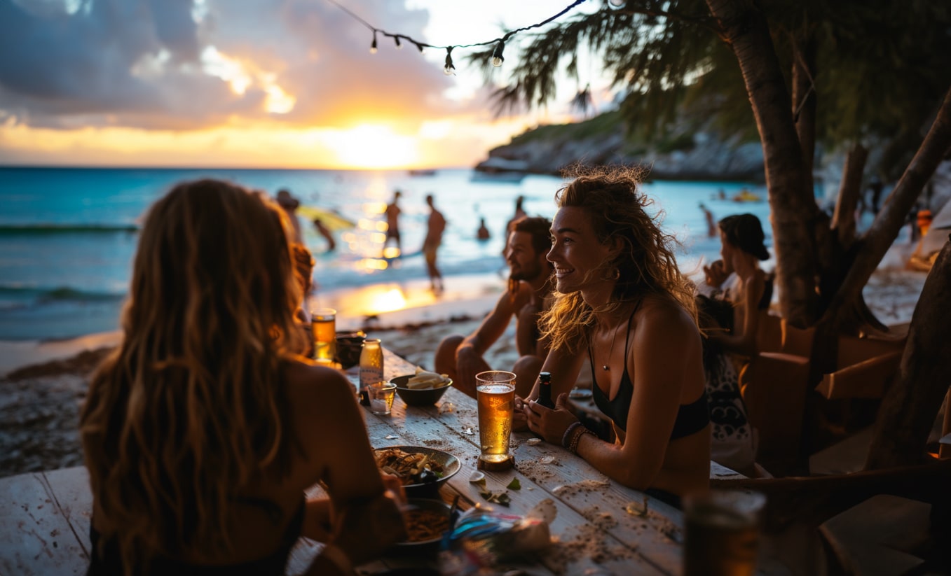 Three women relax at a table with drinks, surrounded by the warm hues of a sunset