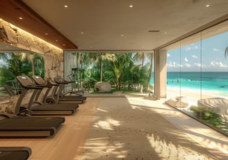 A gym room with a view of the ocean A gym room with a view of the ocean