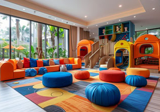 A colorful play area with a playground area A colorful play area with a playground area