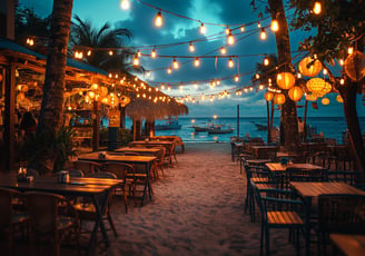 A beachside restaurant with tables and chairs A beachside restaurant with tables and chairs