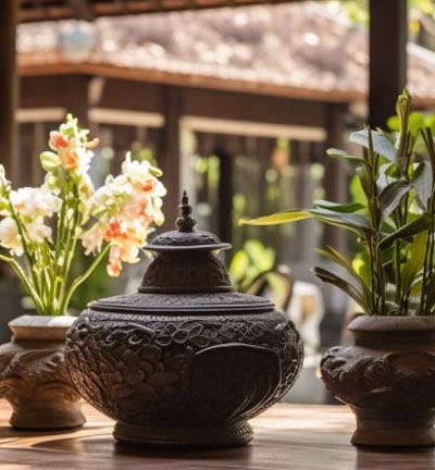 A table with two vases and a flower pot, one vase is blue, the other is white, and the flower pot is red.