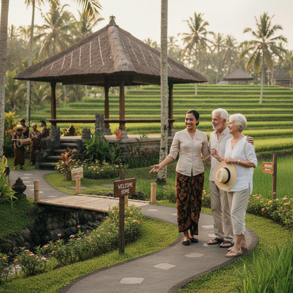 Warm hospitality moments with resort staff assisting guests, capturing the charm of local culture in a lush setting.