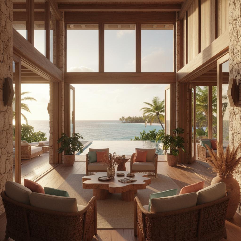 Charming seaside cottage with contemporary Caribbean design, showcasing ocean views and warm wood materials in golden hour light.