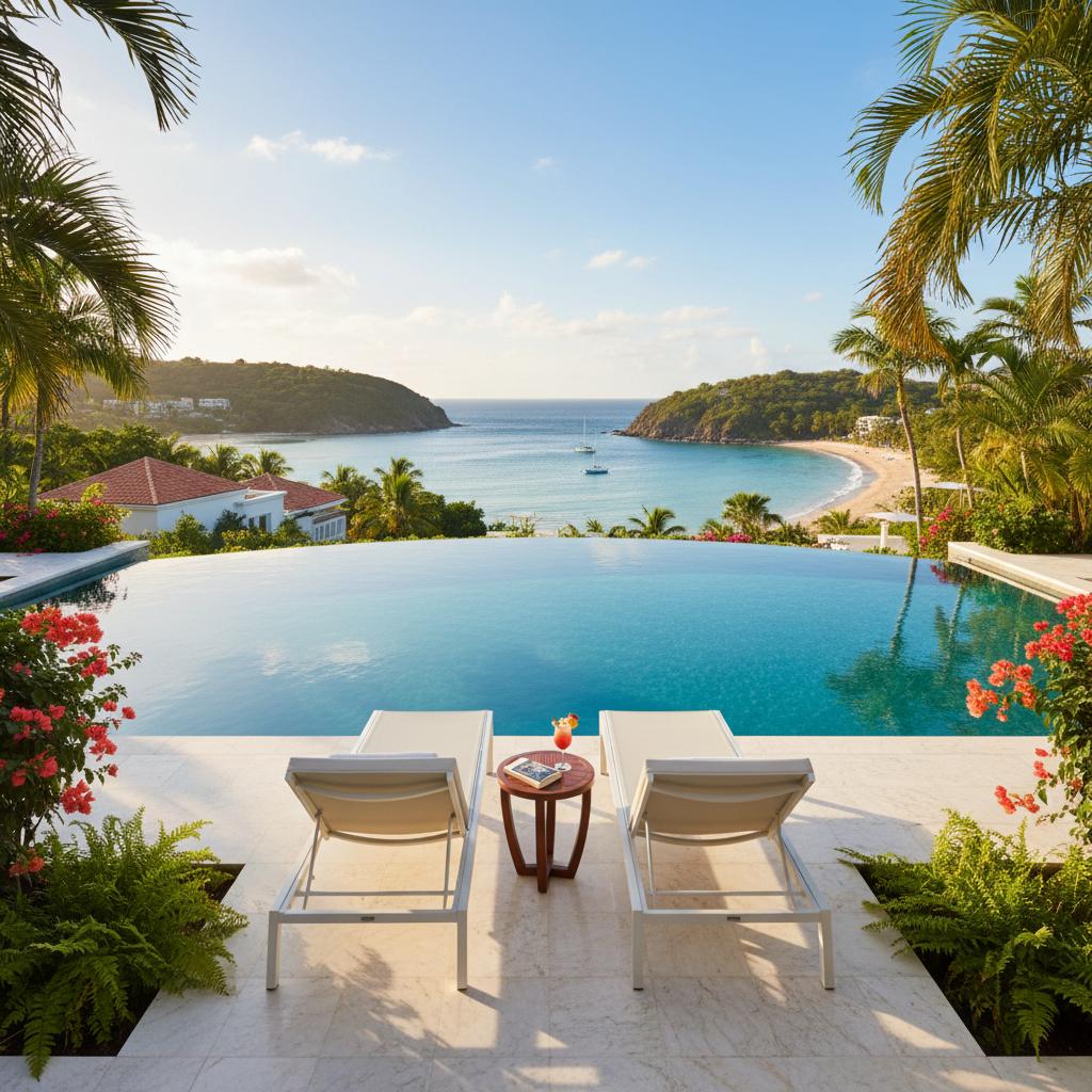 Serene infinity pool at Halfmoon Bay, plush loungers framed by tropical plants, capturing the essence of luxury resort relaxation.