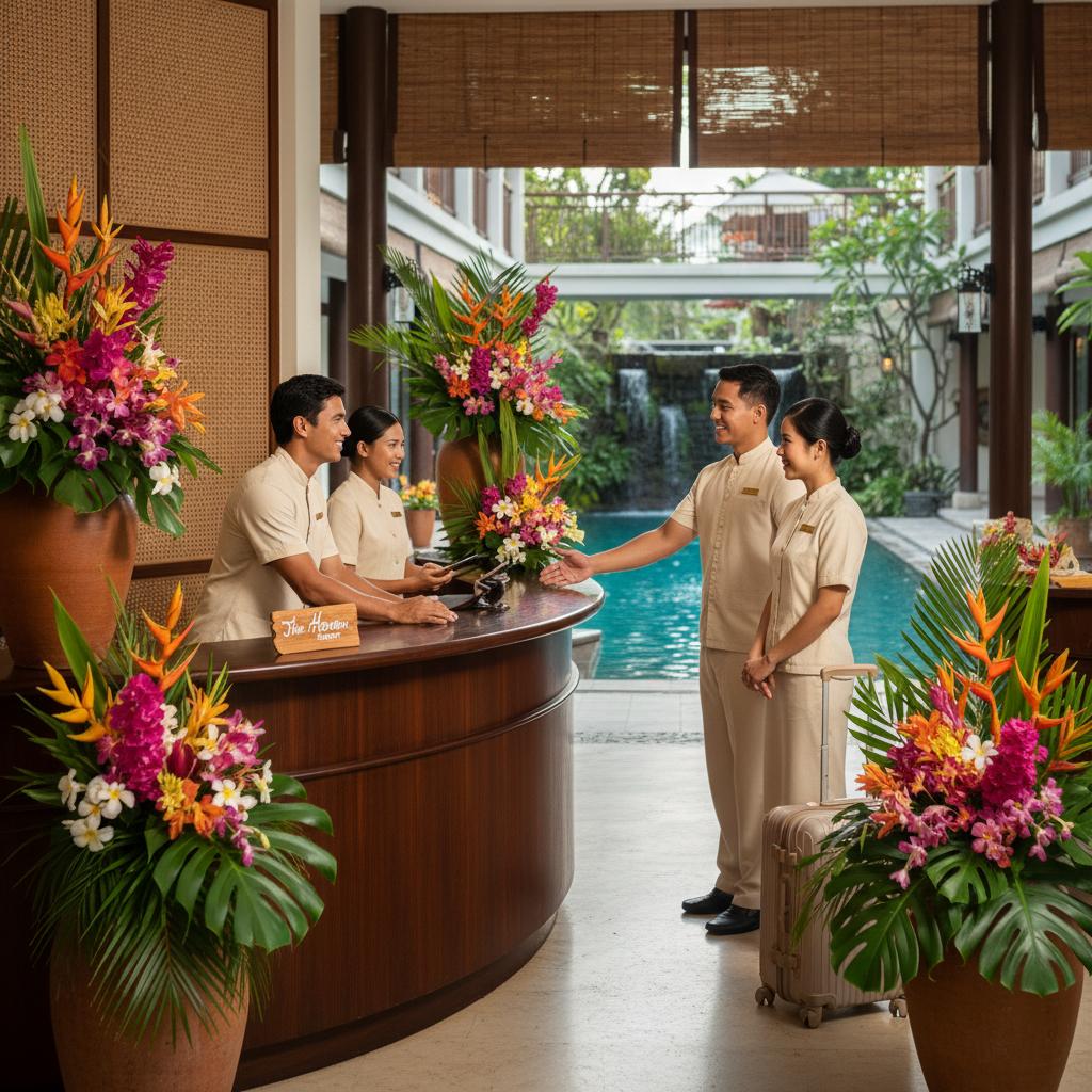 Welcoming boutique resort staff at reception, surrounded by tropical flowers, radiating warmth and luxury hospitality.