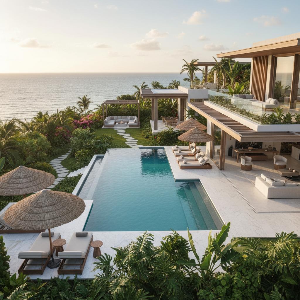 Luxury villa with a private turquoise pool and modern Caribbean architecture amidst tropical landscaping.