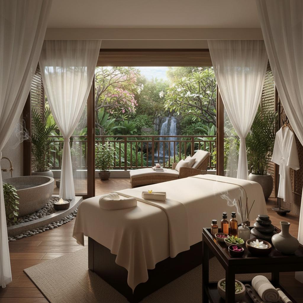 Tranquil spa treatment room overlooking lush gardens, featuring calming light and high-end wellness amenities for relaxation.
