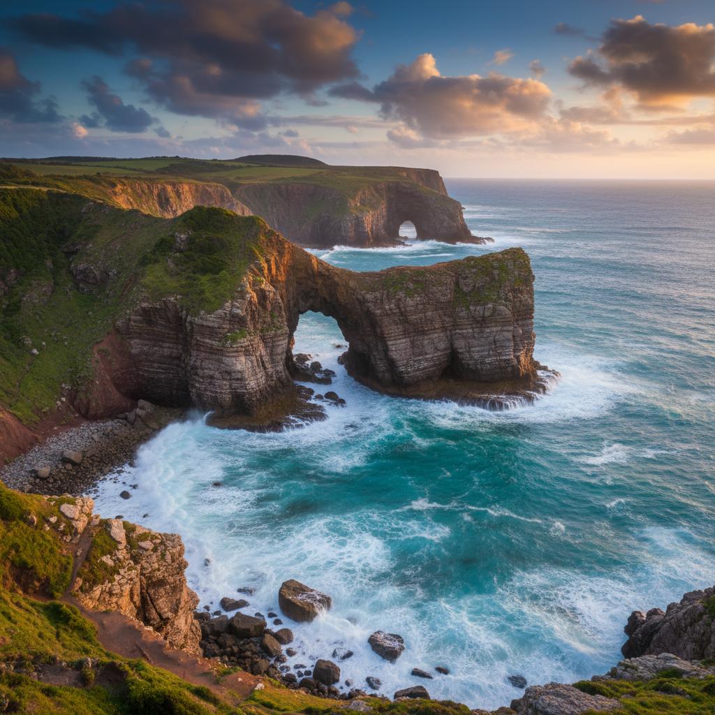 Breathtaking Devil's Bridge with dramatic cliffs meeting turquoise ocean waves, highlighting a vibrant coastal adventure.
