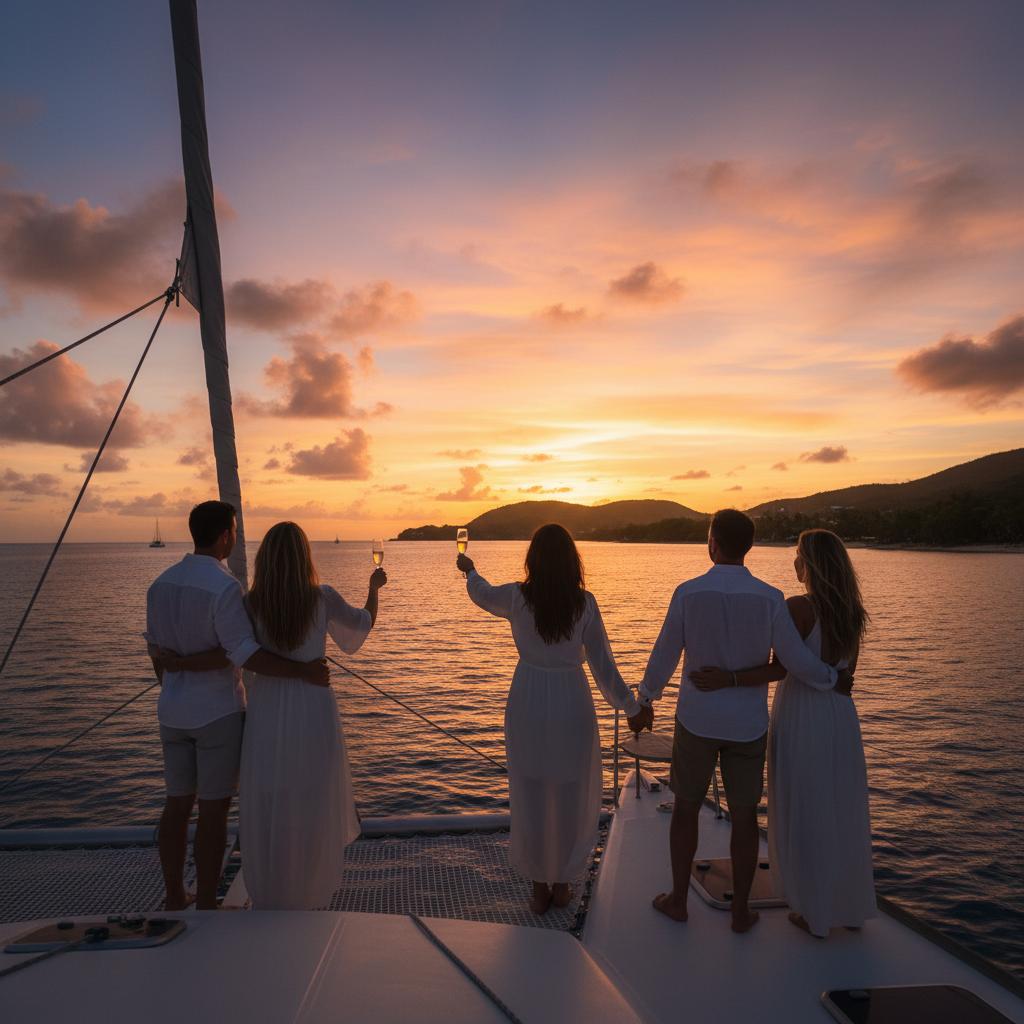Couples on a sunset cruise along Antigua's coast, with a vibrant sky and calm sea, capturing a romantic getaway spirit.