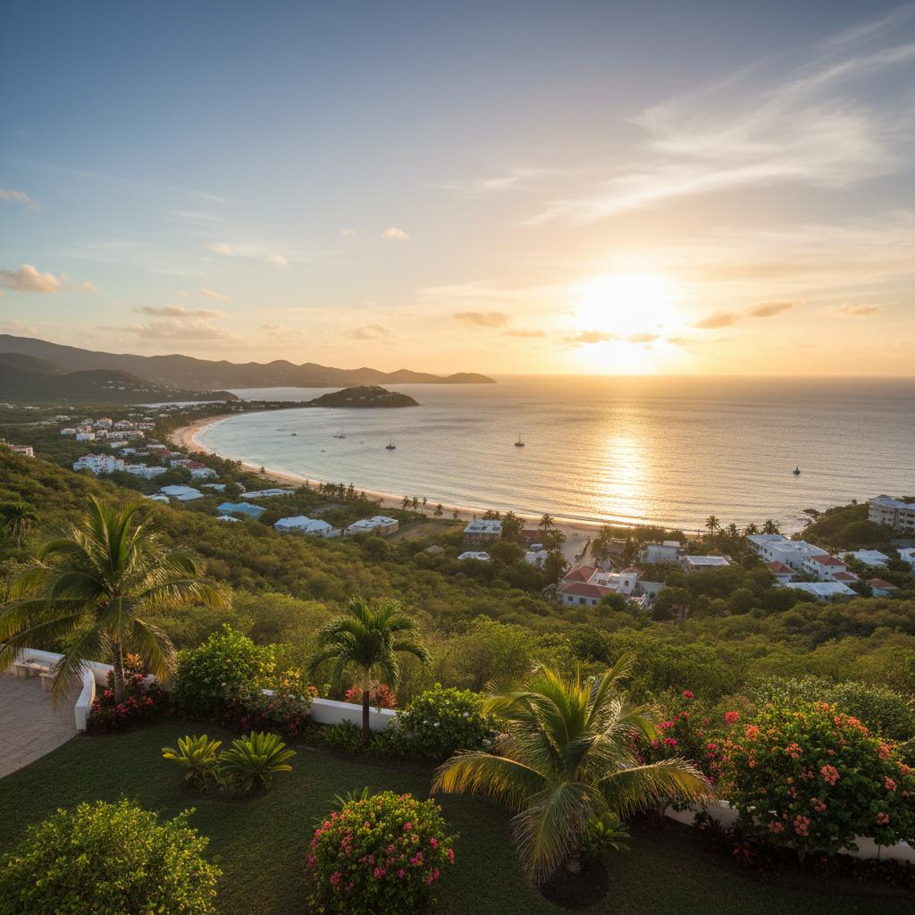 Spectacular view of Antigua's coastline from a hillside, framed by lush greenery and illuminated by the golden sun.