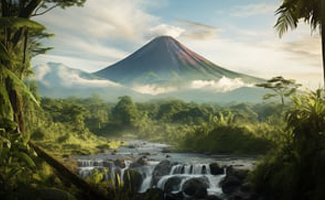 A lush tropical forest with a cascading waterfall and a towering volcano in the background