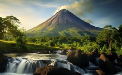 A lush tropical forest with a cascading waterfall and a towering volcano in the background