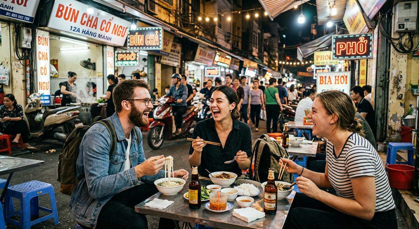 Travelers laughing and sampling street food in Hanoi's Old Quarter, capturing joyful moments in vibrant city life.
