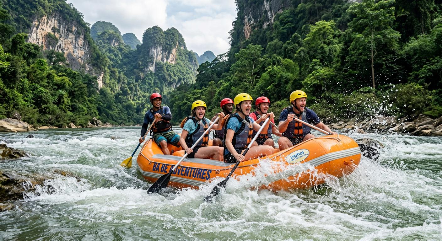 Adventurers white-water rafting in Ba Be National Park, showcasing excitement amidst stunning nature during thrilling action.