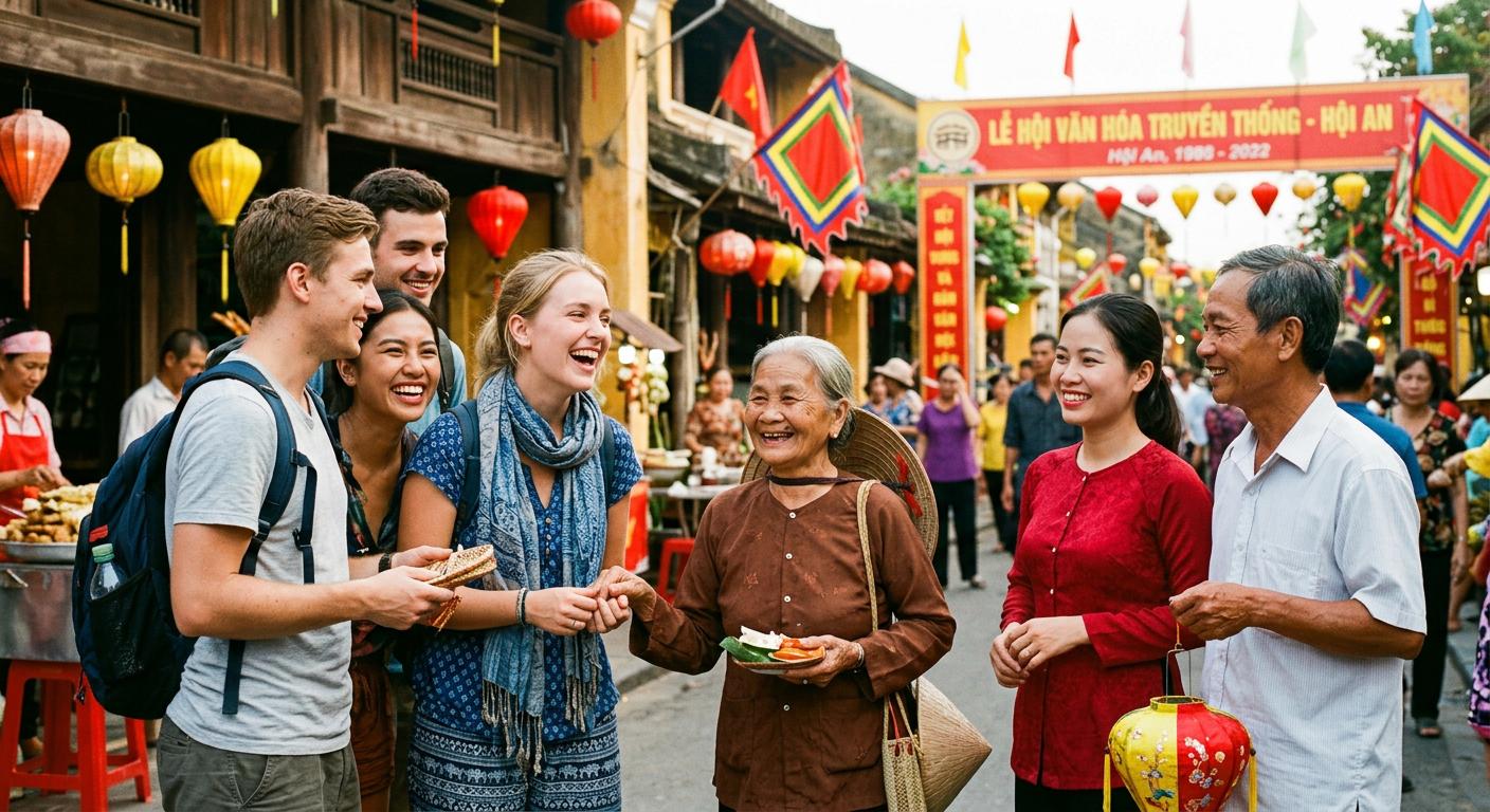 Travelers smiling with local villagers at a cultural festival in Vietnam, capturing the warmth of community and local traditions.