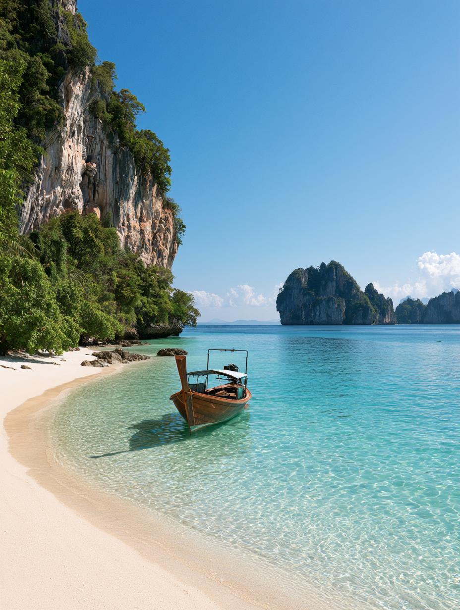 Long-tail boat beside a quiet beach in Phuket, Thailand