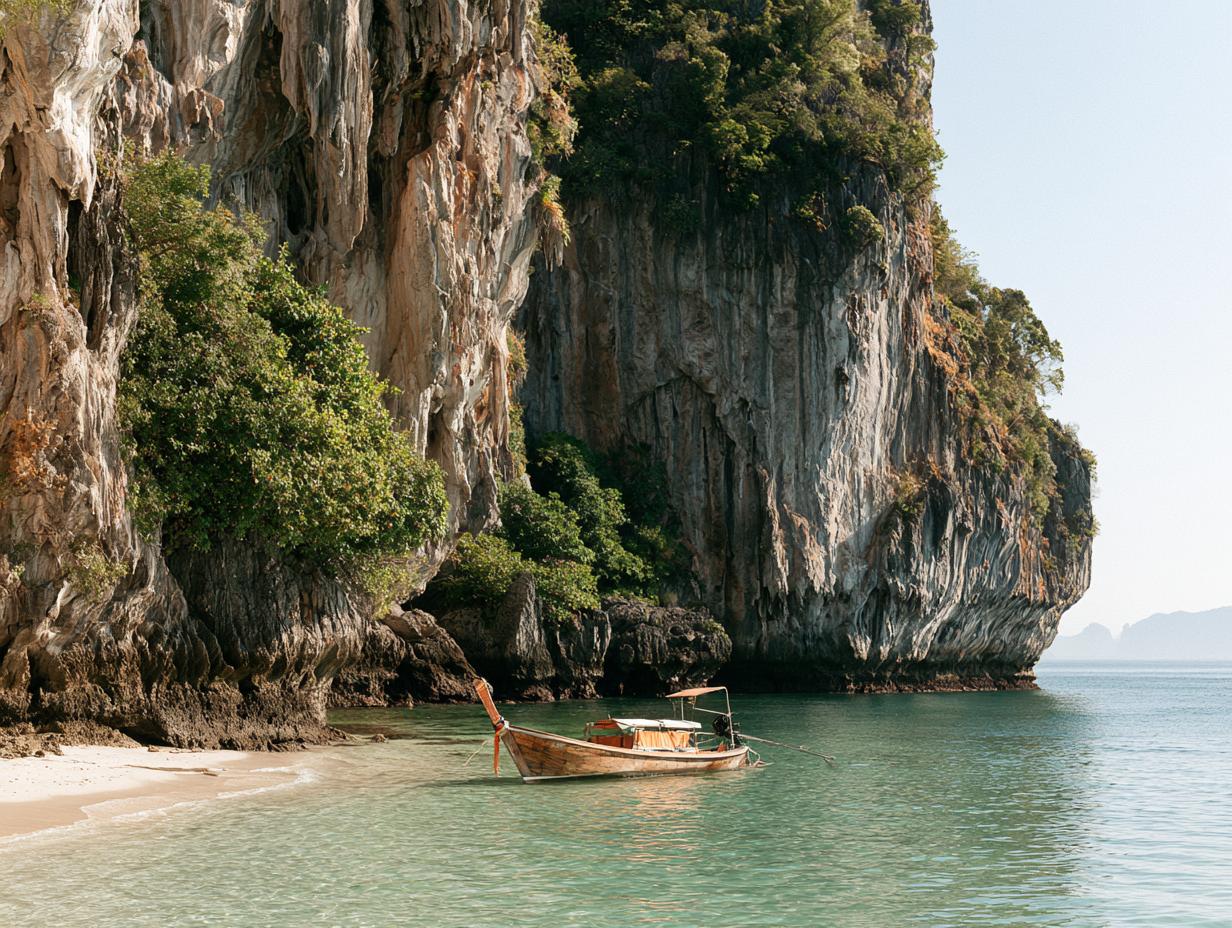 Longtail boat on a tropical beach in Thailand with limestone cliffs and clear water