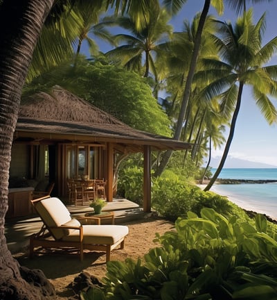 Beach house with lounge chairs and palm trees overlooking the ocean