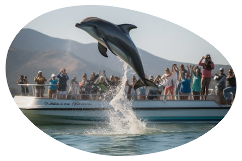 Dolphin leaping out of water in front of boat, showcasing its agility and grace Dolphin leaping out of water in front of boat, showcasing its agility and grace