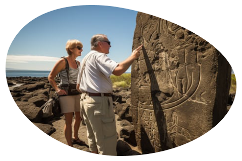 A man and woman examining an ancient stone carving A man and woman examining an ancient stone carving