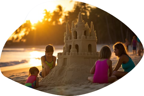 A family enjoying a day at the beach, building a sand castle together A family enjoying a day at the beach, building a sand castle together