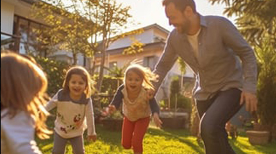 A family playing tag on the lawn of a family rental home in Turkey A family playing tag on the lawn of a family rental home in Turkey