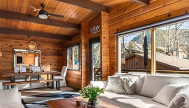 A cabin living room with a couch and a table in Banff