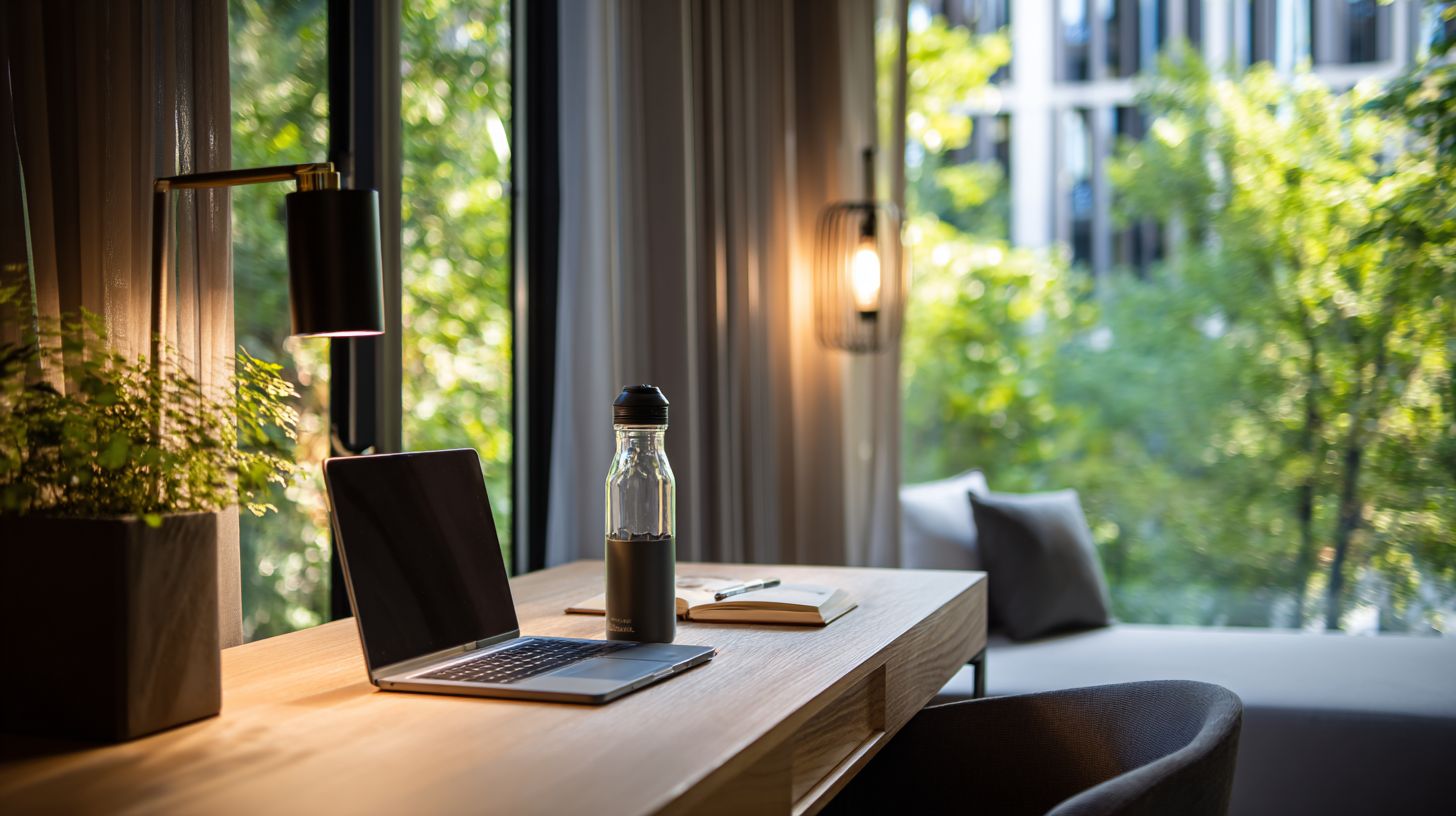 laptop and bottle on the table