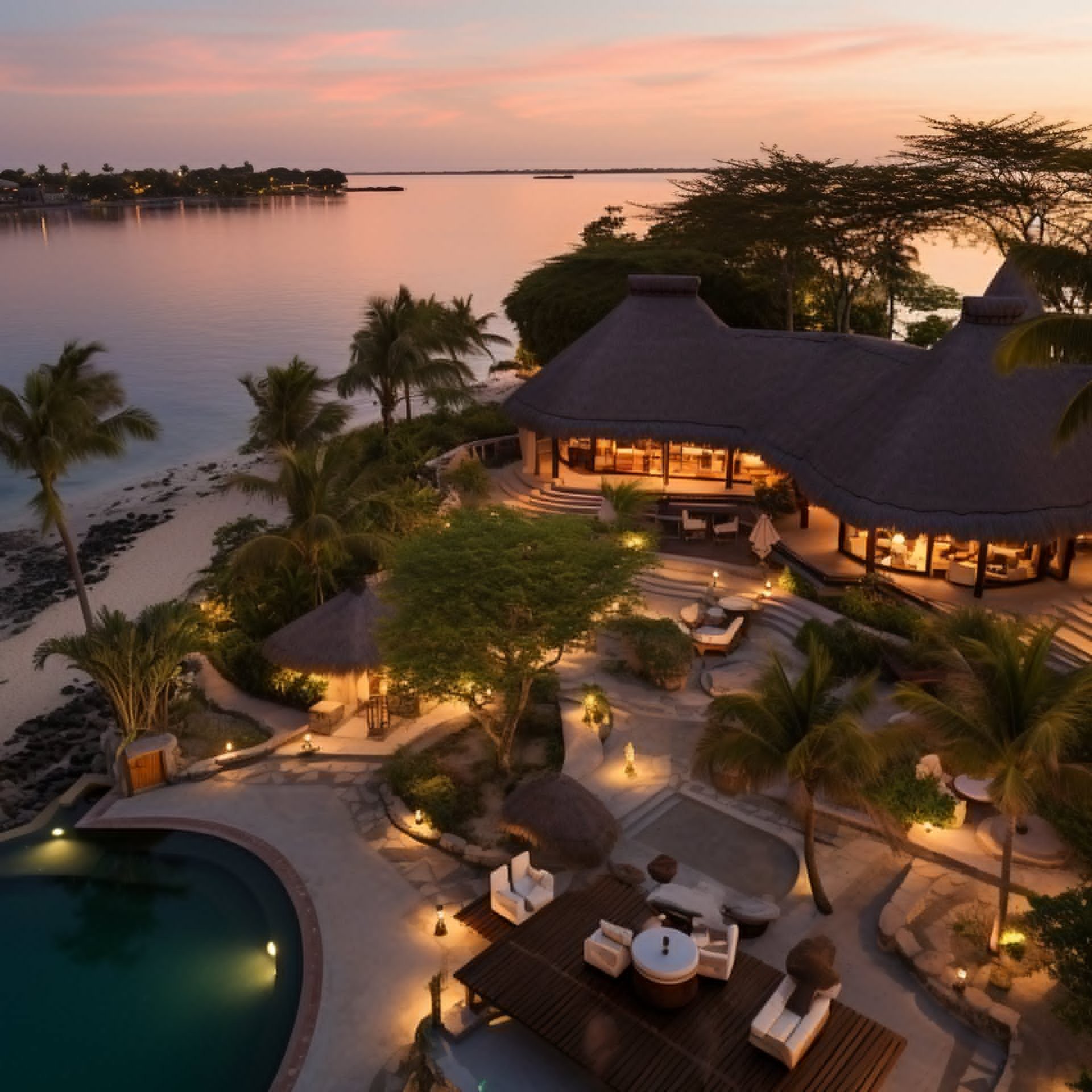 Sunset view of resort on beach, tranquil atmosphere with glowing horizon and calm ocean waves.