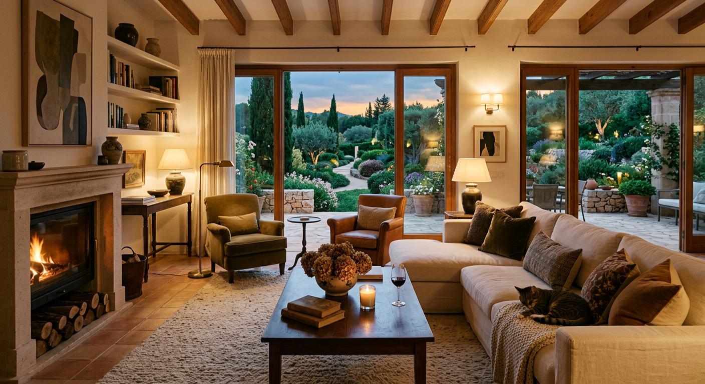 Stylish villa interior featuring plush seating, tasteful decor, and a view of expansive gardens, conveying comfort and warmth.