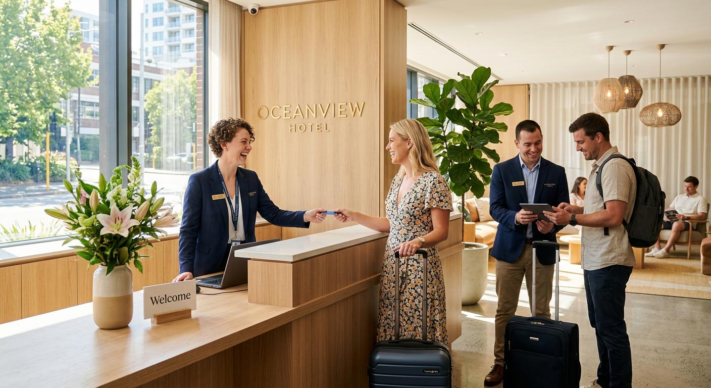 Friendly staff assisting guests in a sunny reception area, modern design with bright natural light enhancing a welcoming atmosphere.