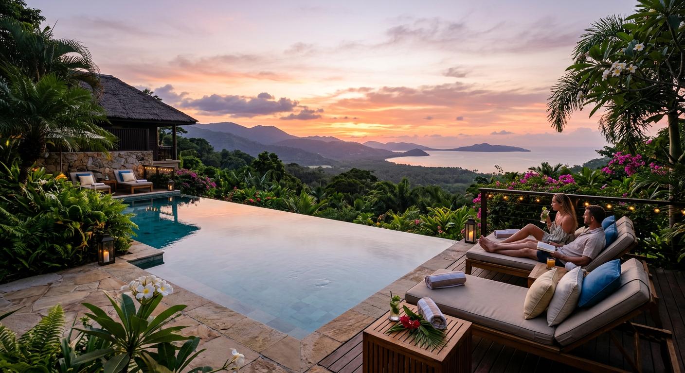 Infinity pool overlooking lush surroundings at sunset, with luxurious lounge chairs and tropical plants for a serene getaway feel.
