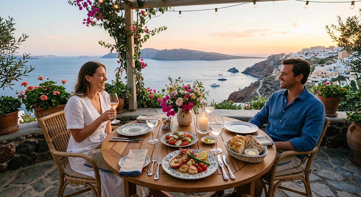 Charming outdoor dining setup with ocean views, elegantly set table featuring gourmet dishes in soft natural light.