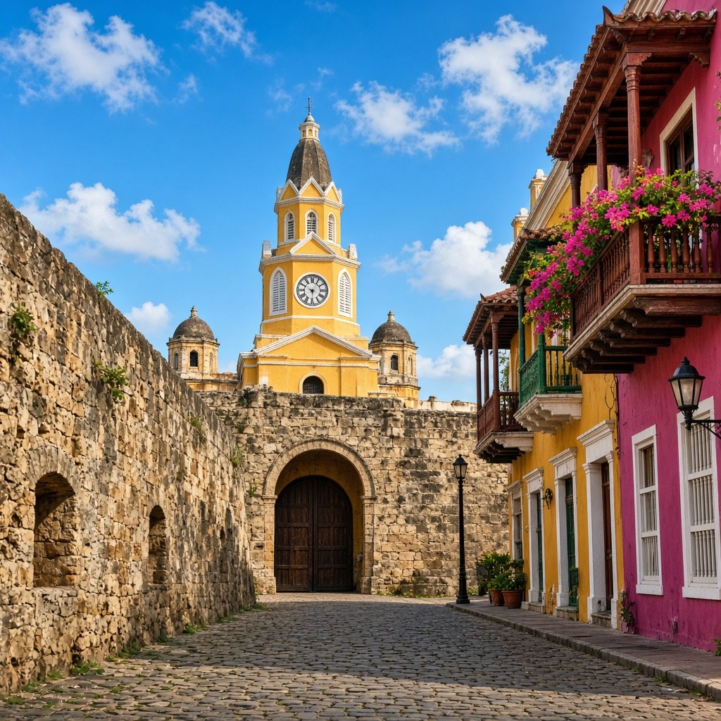 Views of Cartagena's Old Town with colorful colonial buildings and lively street life, a vibrant depiction of the city's culture. cartagena-walled-city