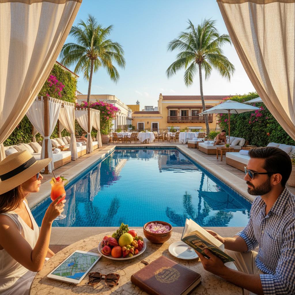 Curated itinerary with spa relaxation and poolside lounging in Cartagena, showcasing a vibrant lifestyle for enticing travel plans. Curated itinerary with spa relaxation and poolside lounging in Cartagena, showcasing a vibrant lifestyle for enticing travel plans.