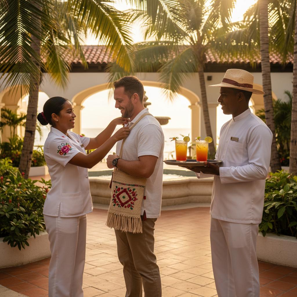 Hospitality staff providing authentic service at a Cartagena resort, captured in a warm atmosphere revealing guest relations' heart. Hospitality staff providing authentic service at a Cartagena resort, captured in a warm atmosphere revealing guest relations' heart.