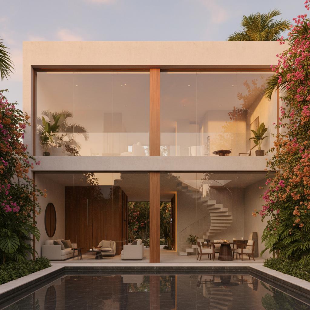 Stylish boutique hotel in Cartagena featuring modern design, floor-to-ceiling windows, and lush surroundings in soft golden hour light. Stylish boutique hotel in Cartagena featuring modern design, floor-to-ceiling windows, and lush surroundings in soft golden hour light.