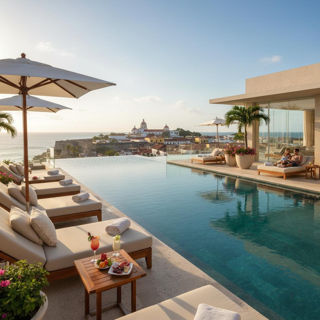 Infinity pool with views of Cartagena's historic skyline, showcasing luxury amenities and a relaxing atmosphere for vacationers. Infinity pool with views of Cartagena's historic skyline, showcasing luxury amenities and a relaxing atmosphere for vacationers.