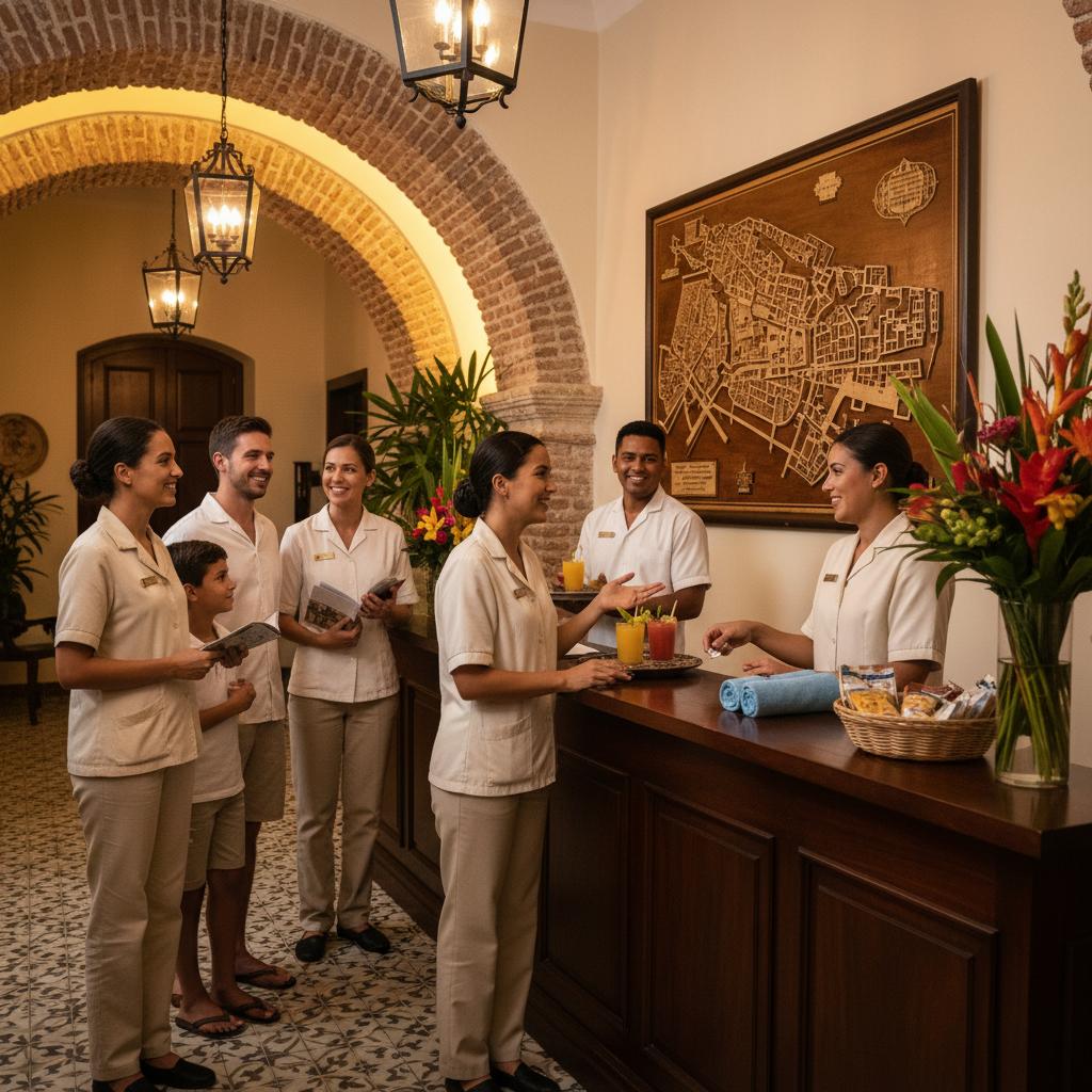 Friendly hotel staff providing personalized service in Cartagena's reception, bathed in warm lighting reflecting local hospitality. Friendly hotel staff providing personalized service in Cartagena's reception, bathed in warm lighting reflecting local hospitality.