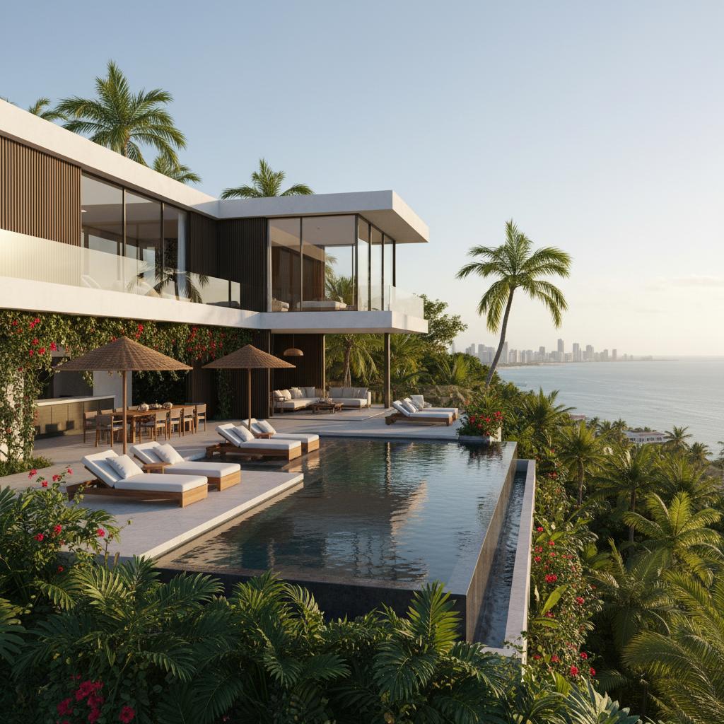 Luxurious villa in Cartagena with a private pool surrounded by tropical plants, creating an inviting vacation atmosphere. Luxurious villa in Cartagena with a private pool surrounded by tropical plants, creating an inviting vacation atmosphere.